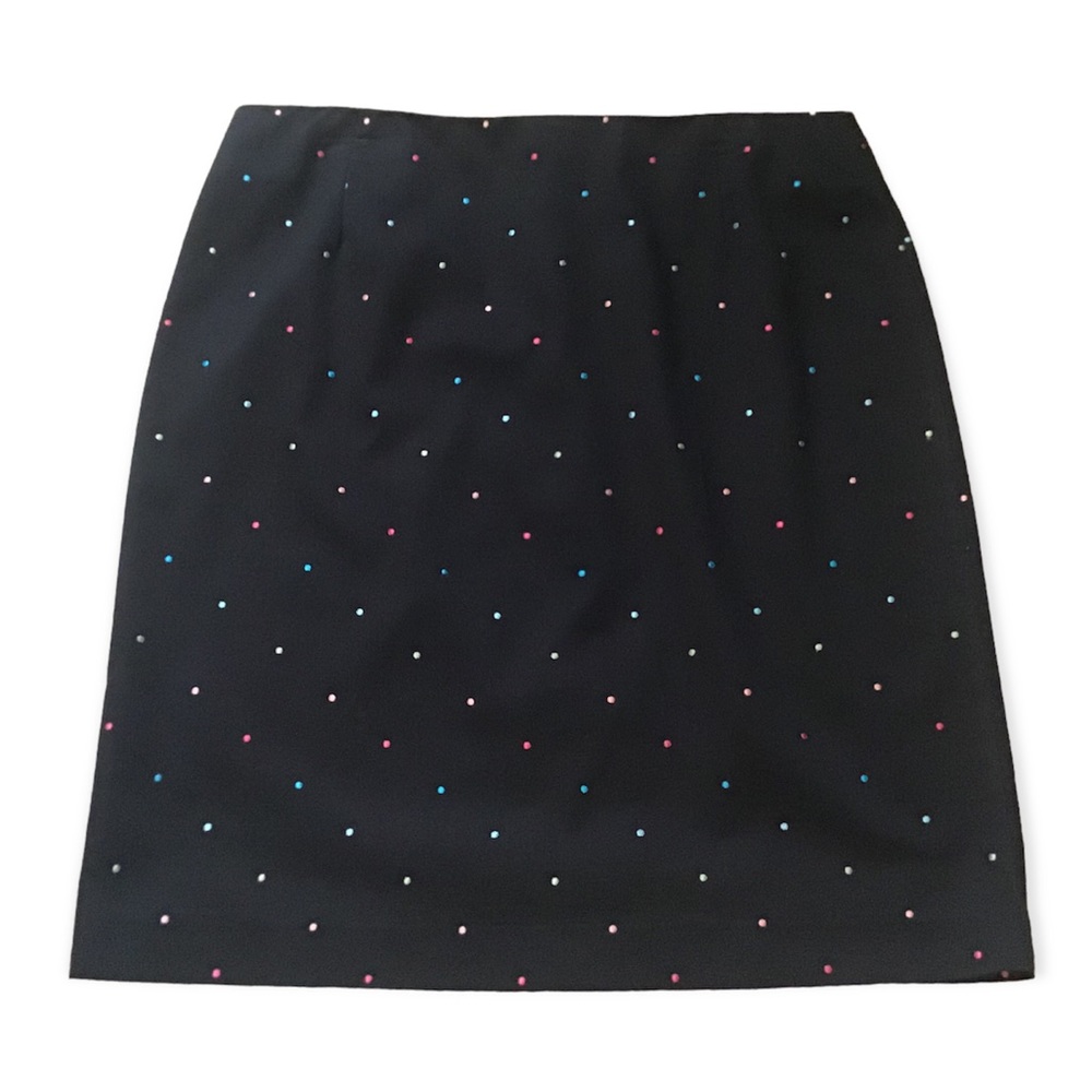 RQT Women’s Black Multi Color Dots Knee Length Skirt Zipper Slit Sz 14
